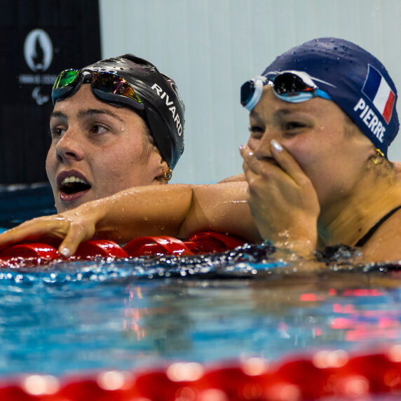 Canada's Aurelie Rivard and France's Emeline Pierre side-by-side after winning silver and gold respectively.