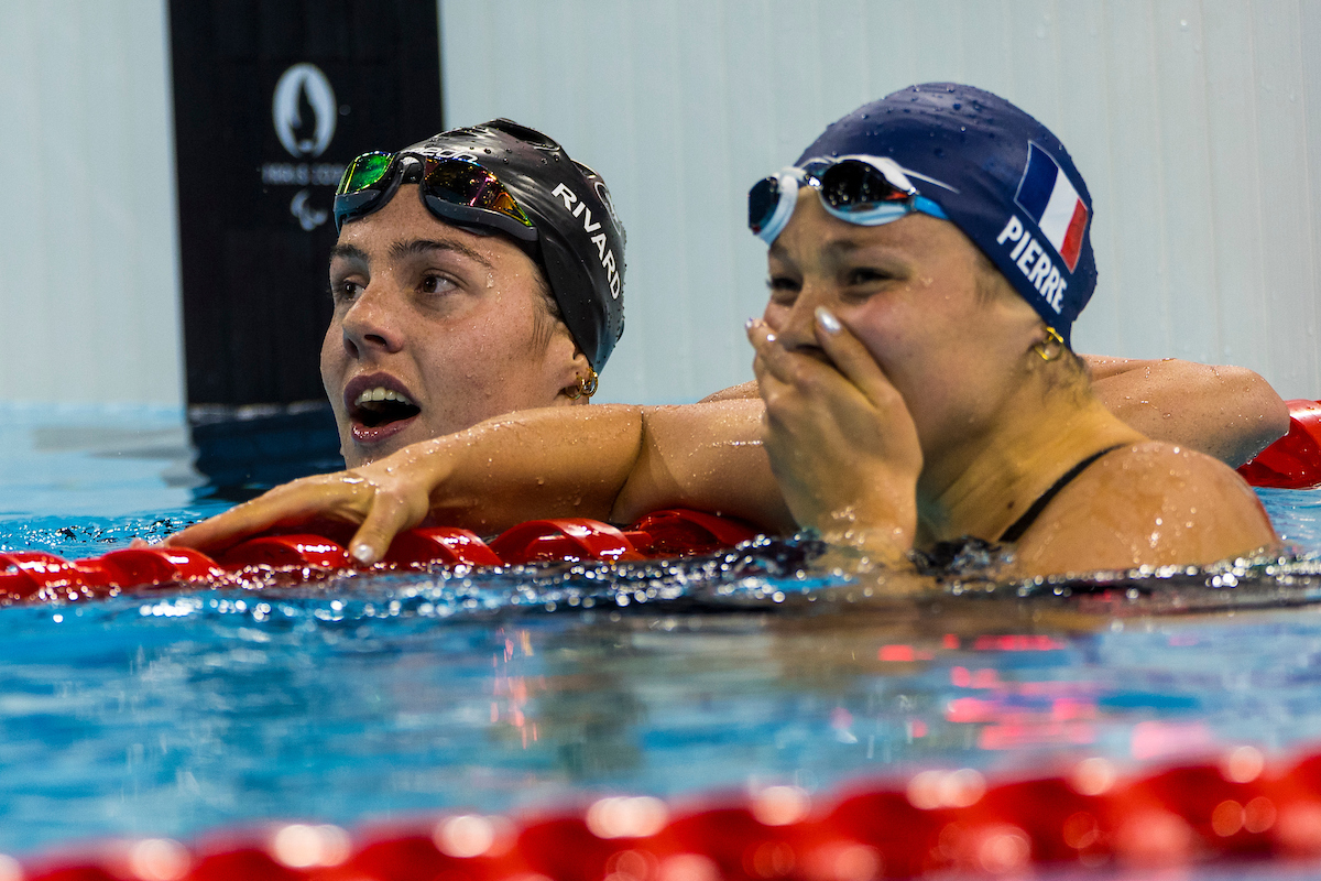 Canada's Aurelie Rivard and France's Emeline Pierre side-by-side after winning silver and gold respectively.