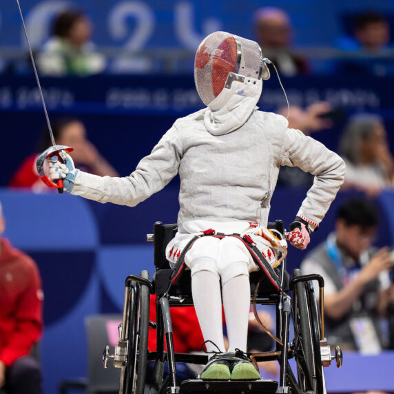 Trinity Lowthian competes in the women’s sabre B category during the Paralympic Games in Paris