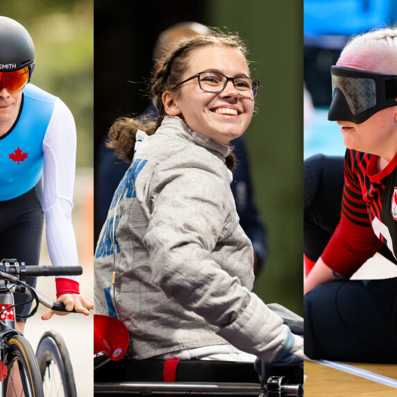 A collage showcasing three Canadian Paralympians: Nathan Clement, a Para cyclist in a blue and white racing suit with a red maple leaf, focused during a race; Trinity Lowthian, a wheelchair fencer in a silver fencing jacket, smiling confidently after a match; and Whitney Bogart, a goalball player in a black and red jersey with a blindfold, concentrating during a game.