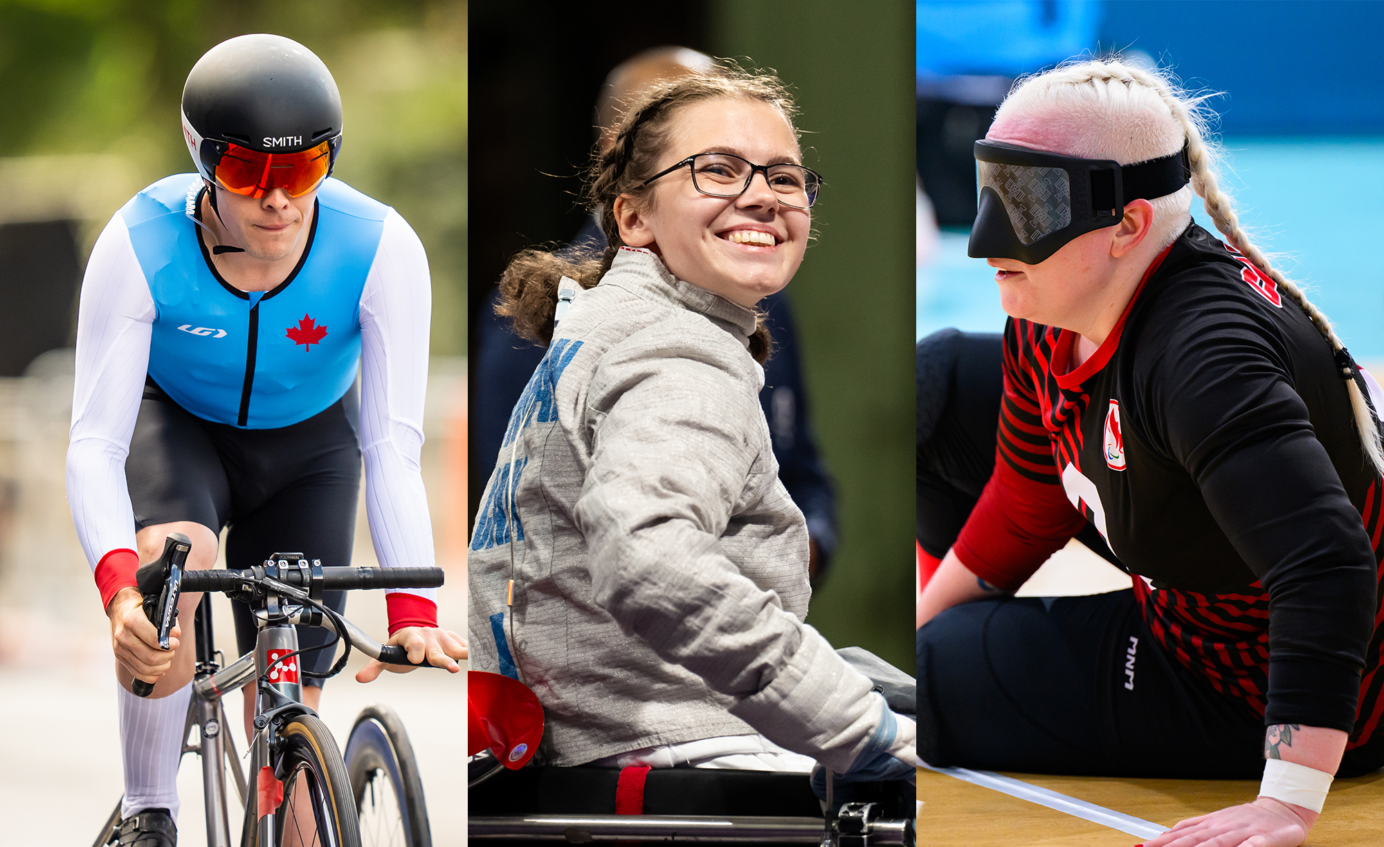 A collage showcasing three Canadian Paralympians: Nathan Clement, a Para cyclist in a blue and white racing suit with a red maple leaf, focused during a race; Trinity Lowthian, a wheelchair fencer in a silver fencing jacket, smiling confidently after a match; and Whitney Bogart, a goalball player in a black and red jersey with a blindfold, concentrating during a game.