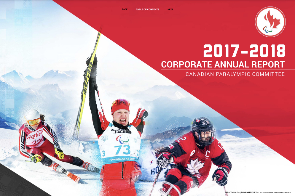 Cover of the Canadian Paralympic Committee’s 2017-2018 Corporate Annual Report. The image features three Canadian Para athletes: a skier racing downhill, a biathlete celebrating with skis raised, and a Para ice hockey player in action. The background shows snowy mountains and a red banner with the CPC logo.