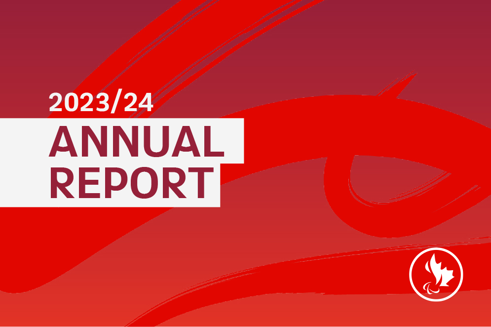 Cover of the Canadian Paralympic Committee’s 2023/24 Annual Report. The design features bold red and white graphics with the words “ANNUAL REPORT” in large text and the CPC logo, a white maple leaf in a red circle, at the bottom right corner.