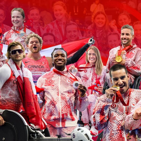 Collage of Canadian Paralympians celebrating their achievements at the Paralympic Games, wearing red and white Team Canada uniforms and proudly displaying their medals and smiles against a vibrant red background.