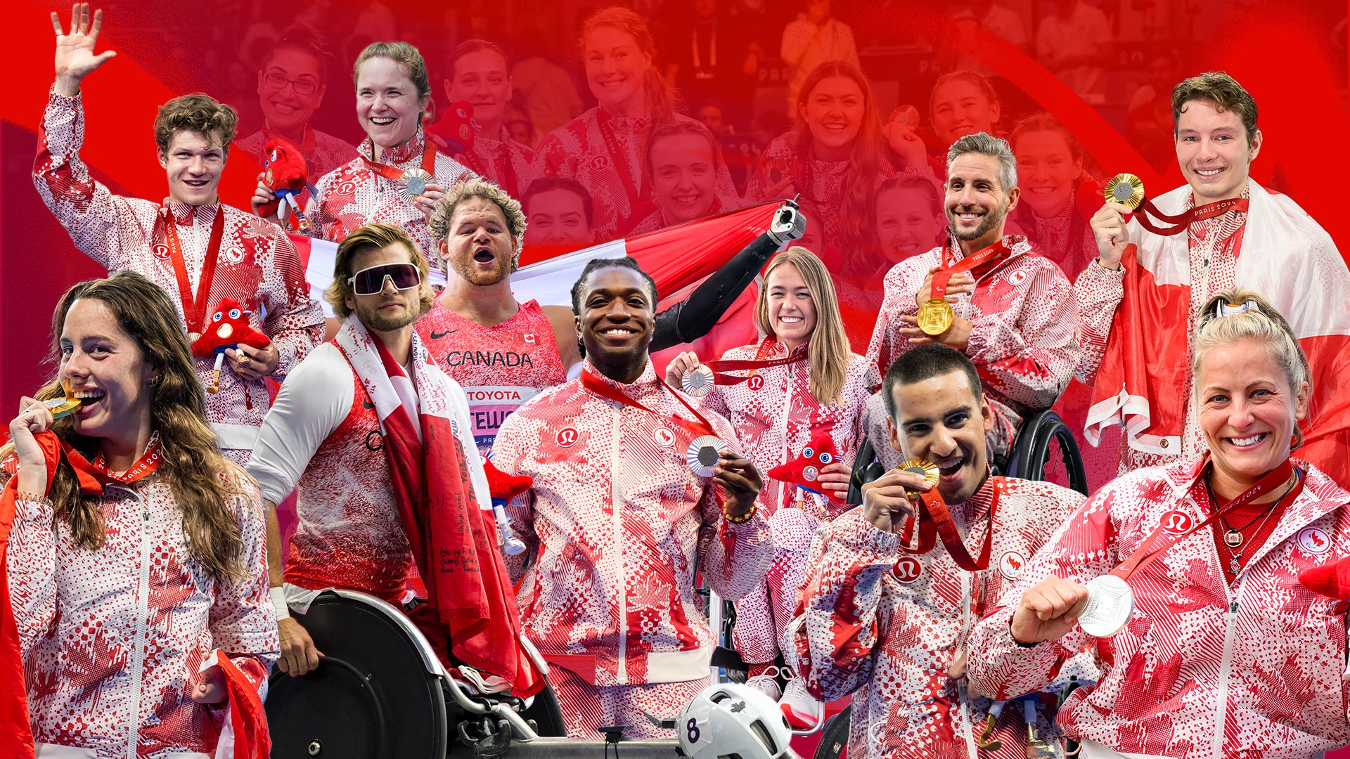 Collage of Canadian Paralympians celebrating their achievements at the Paralympic Games, wearing red and white Team Canada uniforms and proudly displaying their medals and smiles against a vibrant red background.