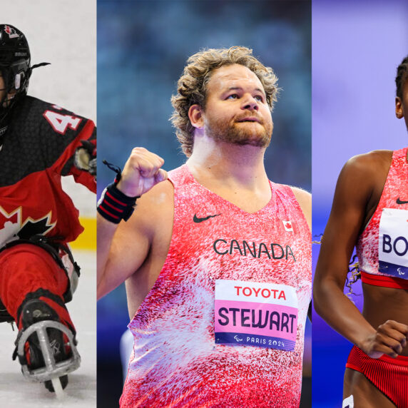 Three Canadian Para athletes in action. On the left, a Para ice hockey player wearing a red and black Team Canada jersey propels forward on the ice. In the center, a male shot putter in a red and white Team Canada uniform clenches his fist in determination. On the right, a female sprinter in a red Team Canada uniform looks focused during a race at the Paris 2024 Paralympic Games.