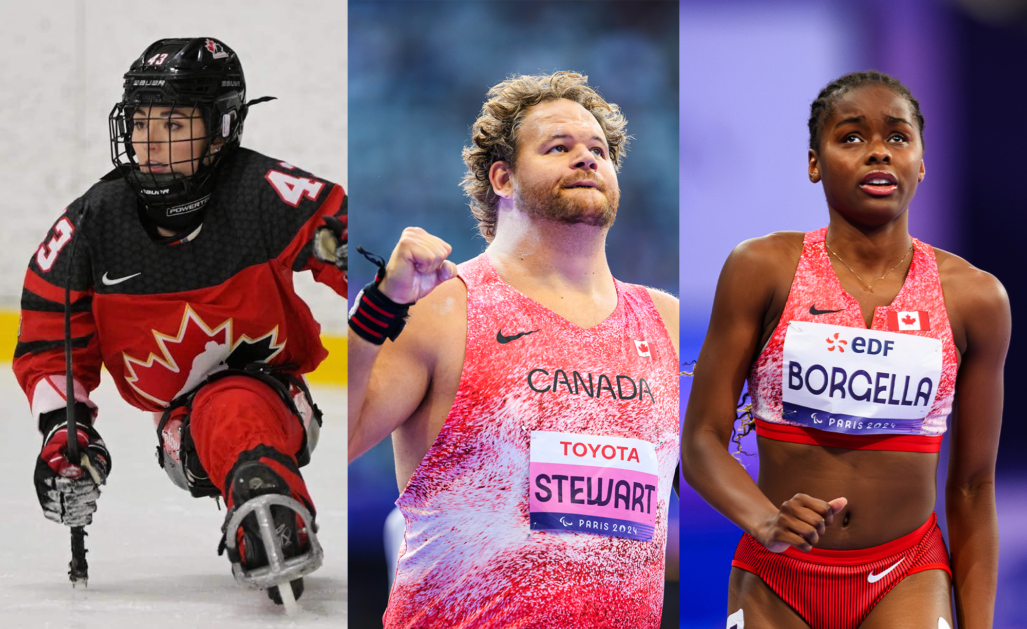 Three Canadian Para athletes in action. On the left, a Para ice hockey player wearing a red and black Team Canada jersey propels forward on the ice. In the center, a male shot putter in a red and white Team Canada uniform clenches his fist in determination. On the right, a female sprinter in a red Team Canada uniform looks focused during a race at the Paris 2024 Paralympic Games.