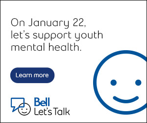 Banner promoting Bell Let's Talk Day on January 22, encouraging support for youth mental health. Features a smiling face icon, a 'Learn more' button, and the Bell Let's Talk logo.