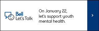 Banner promoting Bell Let's Talk Day on January 22, encouraging support for youth mental health. Features a smiling face icon, a 'Learn more' button, and the Bell Let's Talk logo.