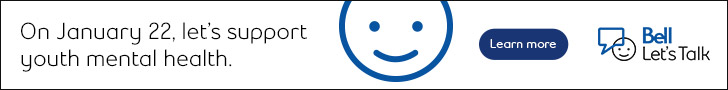 Banner promoting Bell Let's Talk Day on January 22, encouraging support for youth mental health. Features a smiling face icon, a 'Learn more' button, and the Bell Let's Talk logo.