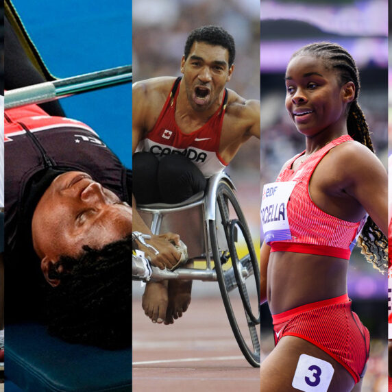 Un collage de cinq athlètes paralympiques et para-athlètes noirs canadiens en action. De gauche à droite : Un joueur de basketball en fauteuil roulant portant un maillot de l’équipe canadienne tient un ballon; une haltérophile paralympique allongée sur un banc se prépare à soulever des poids; un coureur en fauteuil roulant pousse avec intensité sur la piste; une sprinteuse en uniforme rouge de l’équipe canadienne sourit avec confiance; et un athlète masculin drapé dans un drapeau canadien célèbre avec un cri d’émotion.