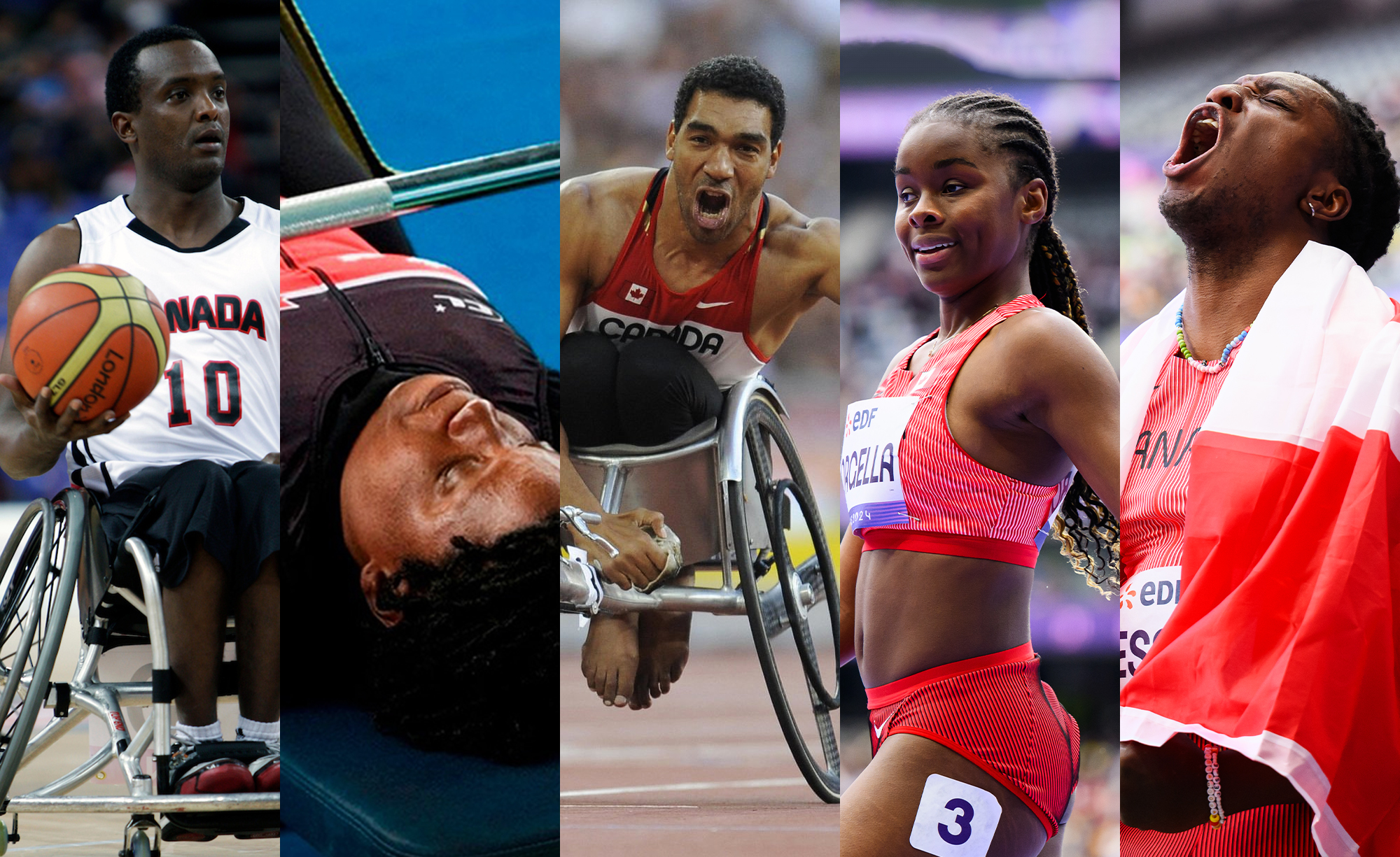 Un collage de cinq athlètes paralympiques et para-athlètes noirs canadiens en action. De gauche à droite : Un joueur de basketball en fauteuil roulant portant un maillot de l’équipe canadienne tient un ballon; une haltérophile paralympique allongée sur un banc se prépare à soulever des poids; un coureur en fauteuil roulant pousse avec intensité sur la piste; une sprinteuse en uniforme rouge de l’équipe canadienne sourit avec confiance; et un athlète masculin drapé dans un drapeau canadien célèbre avec un cri d’émotion.