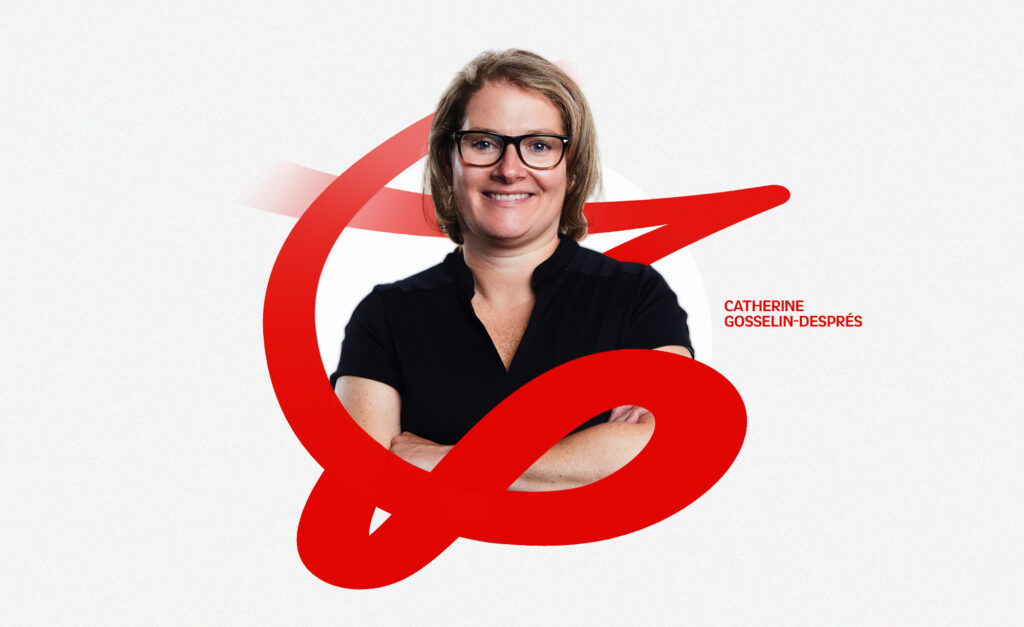 Catherine Gosselin-Després, a woman with shoulder-length blonde hair and black-framed glasses, smiles confidently with her arms crossed. She is wearing a black short-sleeved collared shirt. The background features a white circular design with a bold red abstract graphic swirling around her. Her name, 'Catherine Gosselin-Després,' is written in red text to the right of her shoulder.