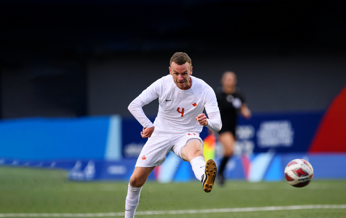Nicholas Heffernan of Canada kicks the ball during a Football 7-a-side match at the Santiago 2023 Parapan American Games.