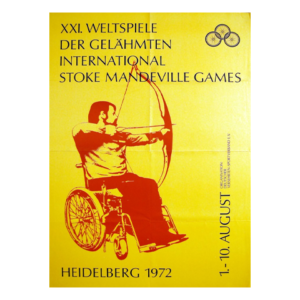 A yellow poster for the XXI International Stoke Mandeville Games, held in Heidelberg in 1972. The poster features a black silhouette of a Para archer in a wheelchair drawing a bow. The text in German and English reads, "XXI. Weltspiele der Gelähmten – International Stoke Mandeville Games," with the event dates "1-10 August" displayed on the right. A small logo with three interlocking circles appears in the top right corner.