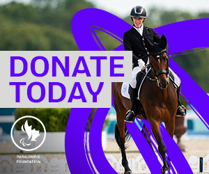 Paralympic Foundation of Canada logo on a green outdoor background. Austen Burns, a Canadian Para equestrian athlete, rides a horse in a dressage competition, wearing a black helmet and formal riding attire. The words ‘DONATE TODAY’ appear in bold purple text.