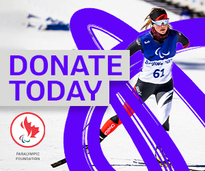 Paralympic Foundation of Canada logo on a light grey background. Canadian Para nordic skier Brittany Hudek is seen racing through the snow in a blue Team Canada uniform, wearing a red headband and ski goggles. The words ‘DONATE TODAY’ appear in bold purple text.