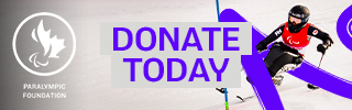 Paralympic Foundation of Canada logo on a light grey background. Katie Combaluzier, a Canadian Para alpine skier, speeds down the slope in a sit-ski, wearing a black helmet and red Paralympic bib. The words ‘DONATE TODAY’ appear in bold purple text.