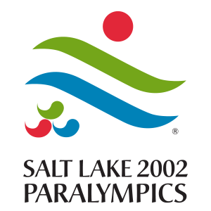 Logo of the Salt Lake 2002 Paralympic Winter Games, featuring a red circle above a green and a blue curved stripe symbolizing a skier, with the Paralympic symbol of three Agitos below.