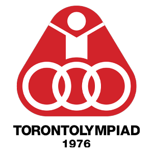 Logo of the Toronto 1976 Paralympic Games featuring a red triangular shape with a white figure and three interlinked white circles symbolizing movement and unity.