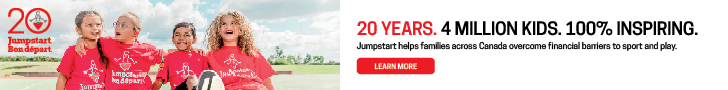 Four happy children in red Jumpstart t-shirts cheer and hold a soccer ball in front of two goals. Text: “20 YEARS. 4 MILLION KIDS. 100% INSPIRING.”