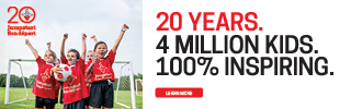 Four children in red Jumpstart t-shirts smile on a soccer field. Text reads: “20 YEARS. 4 MILLION KIDS. 100% INSPIRING.”
