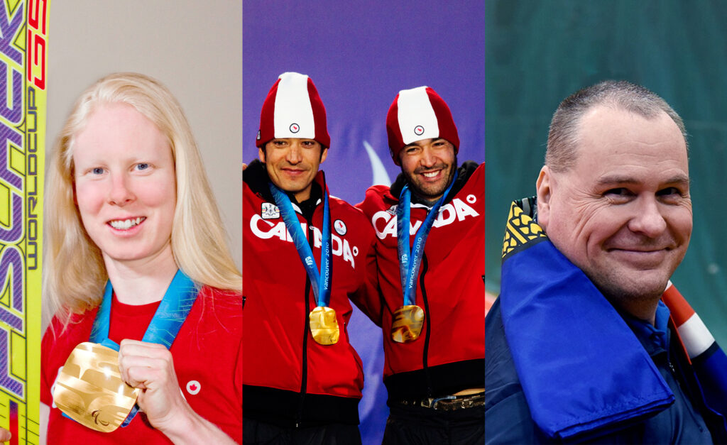 Composite image featuring four celebrated Canadian Paralympians inducted into the Alberta Sports Hall of Fame: Viviane Forest holding her gold medal and skis; Robin and Brian McKeever smiling with their Vancouver 2010 gold medals in red CANADA jackets and toques; and Ross Norton smiling with a provincial flag draped over his shoulder.