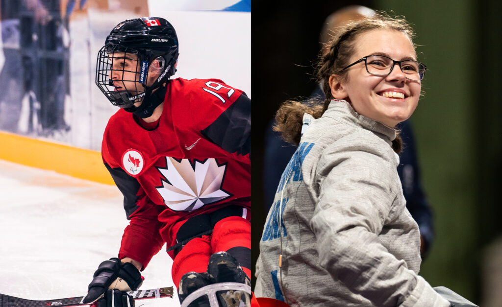Composite image featuring Canadian Para hockey player Dominic Cozzolino in full red Team Canada gear on the ice, and Canadian wheelchair fencer Trinity Lowthian smiling in competition attire during a match.