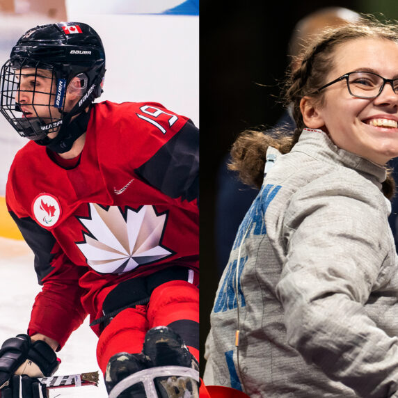 Composite image featuring Canadian Para hockey player Dominic Cozzolino in full red Team Canada gear on the ice, and Canadian wheelchair fencer Trinity Lowthian smiling in competition attire during a match.