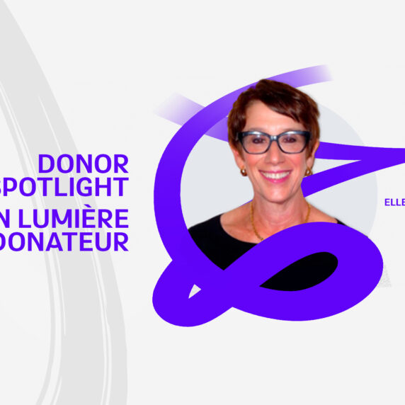 Portrait of Ellen Waxman featured in a graphic titled “Donor Spotlight” from the Paralympic Foundation of Canada. The design includes bold purple text and accents, with “Donor Spotlight / Mise en lumière d’un donateur” written on the left side.
