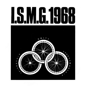Logo of the Tel Aviv 1968 Paralympic Games. Three interlocking wheelchair wheels form a triangle, representing friendship, unity, and sportsmanship. The text “I.S.M.G. 1968” appears above in bold black letters.