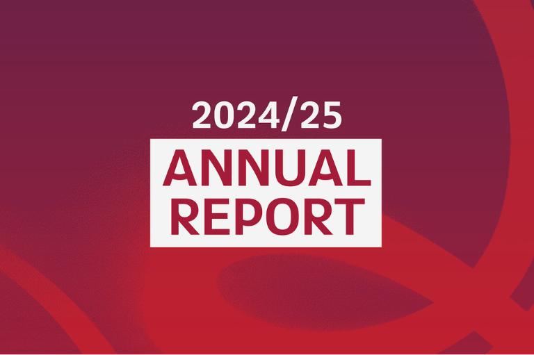Cover of the Canadian Paralympic Committee’s 2024/25 Annual Report. The design features bold red and white graphics with the words “ANNUAL REPORT” in large text.