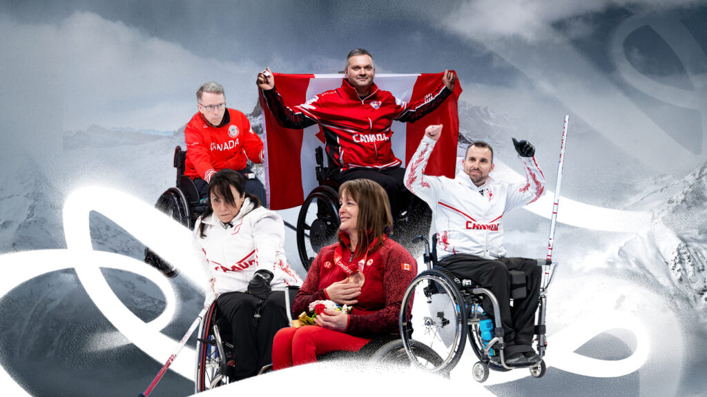 Team Canada's wheelchair curling team editing into a graphic for the 2026 Milano Cortina team announcement
