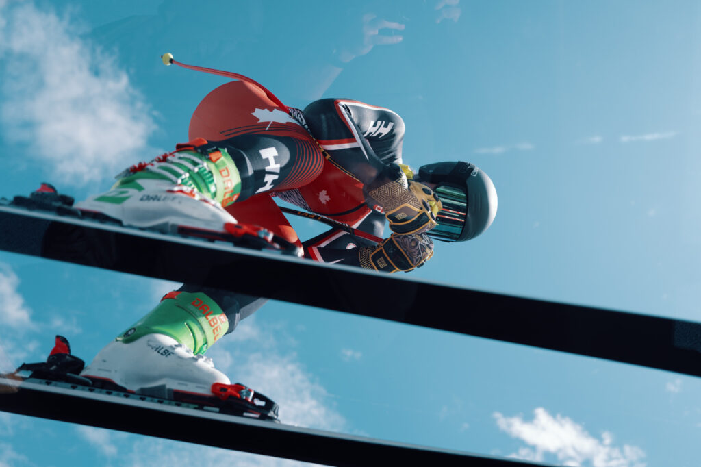 Kalle Eriksson flies through the sky on his skis