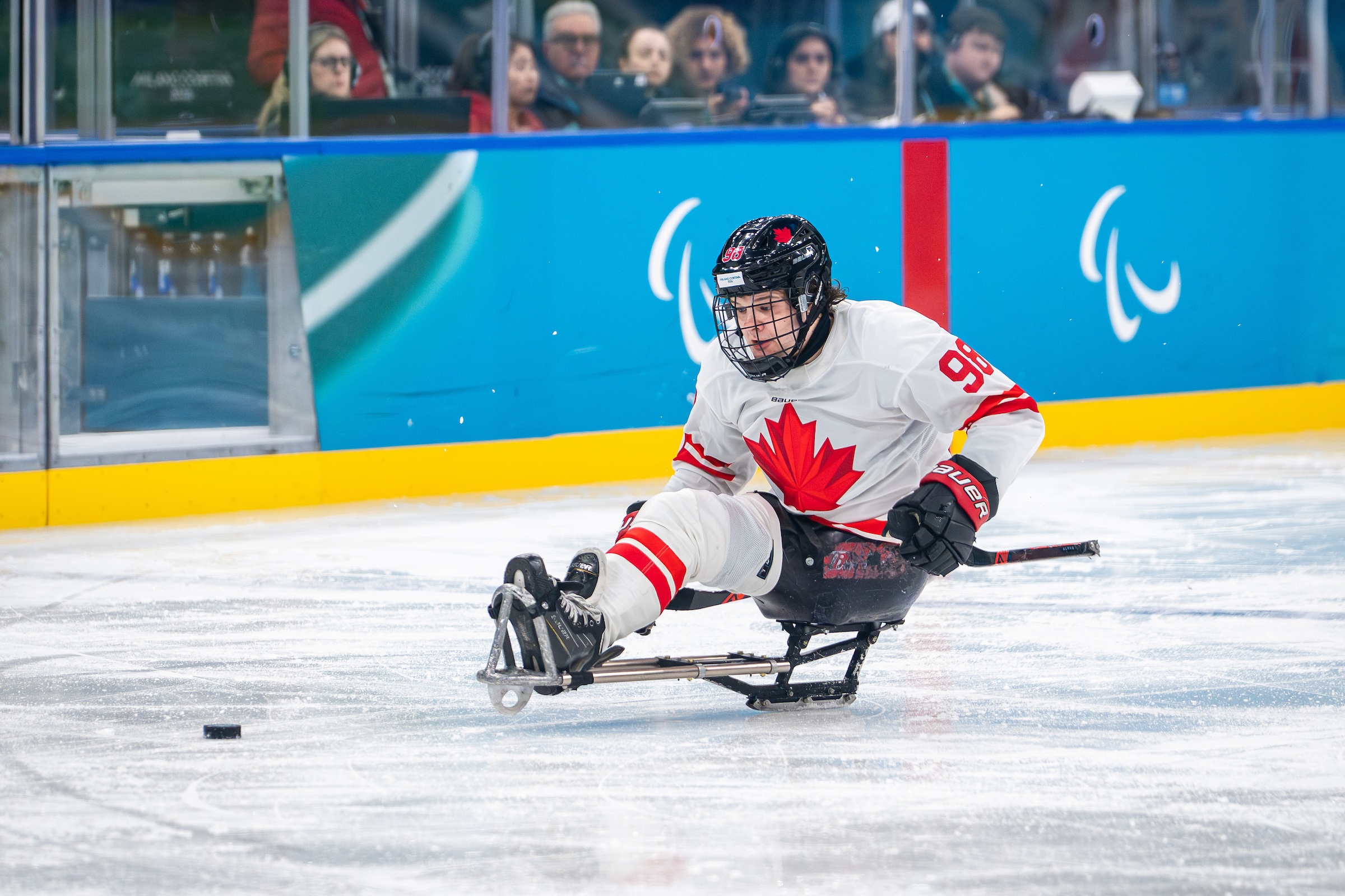 Mathieu Lelievre during the match against Japan in the Para ice hockey preliminaries at the 2026 Paralympic Games in Milan, Italy