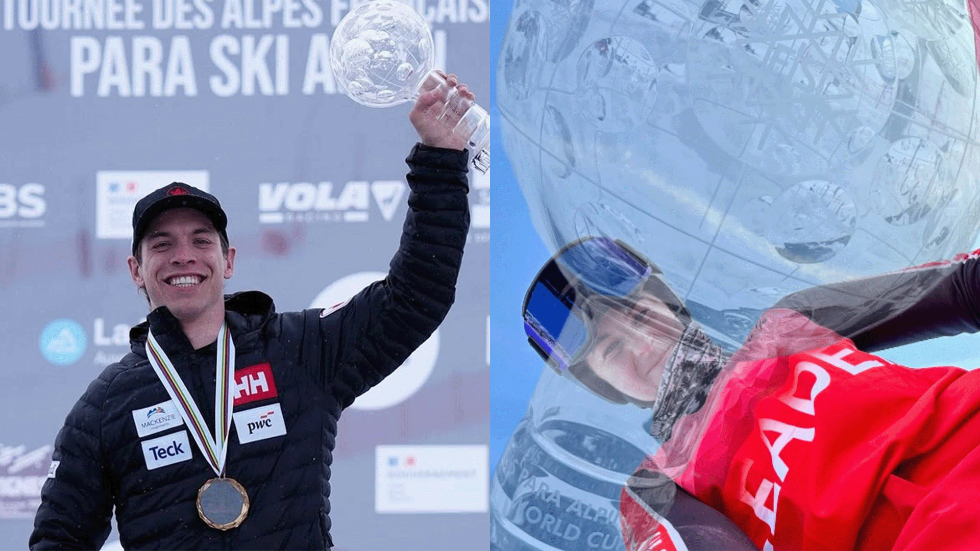 Side-by-side images of Alexis Guimond and Mollie Jepsen celebrating on the podium. Alexis Guimond is smiling and holding up a crystal globe trophy while wearing a medal and a Team Canada jacket. Mollie Jepsen is wearing a red Canada jacket and ski helmet, smiling as she holds a crystal globe trophy outdoors.