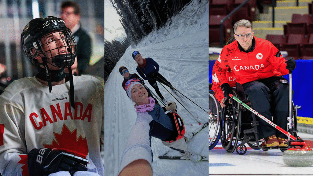 Three side by side images of Canadian Paralympians. On the left, a Para ice hockey player wearing a white Canada jersey and helmet looks upward on the ice. In the centre, two Para nordic skiers smile for a selfie while skiing along a snowy forest trail. On the right, a wheelchair curler wearing a red Canada jacket delivers a stone during competition.