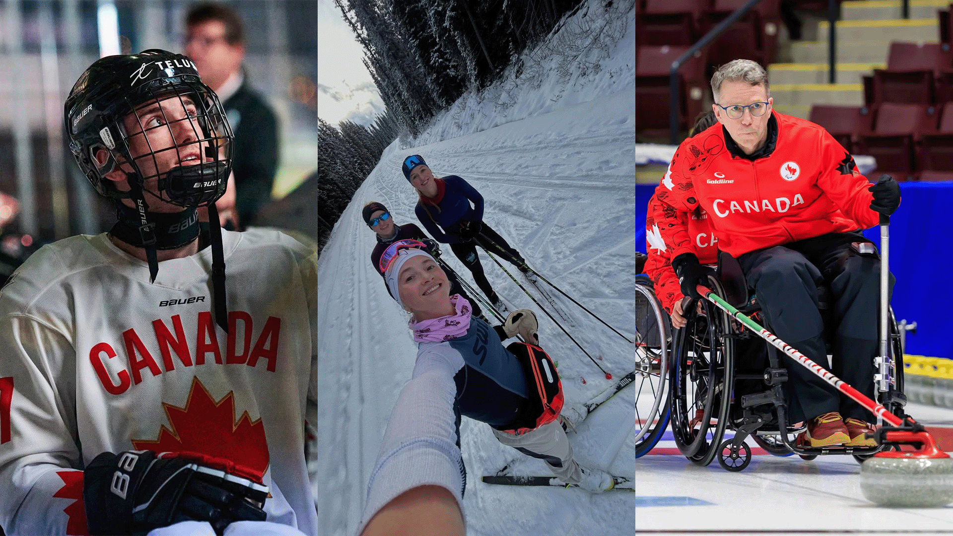 Three side by side images of Canadian Paralympians. On the left, a Para ice hockey player wearing a white Canada jersey and helmet looks upward on the ice. In the centre, two Para nordic skiers smile for a selfie while skiing along a snowy forest trail. On the right, a wheelchair curler wearing a red Canada jacket delivers a stone during competition.