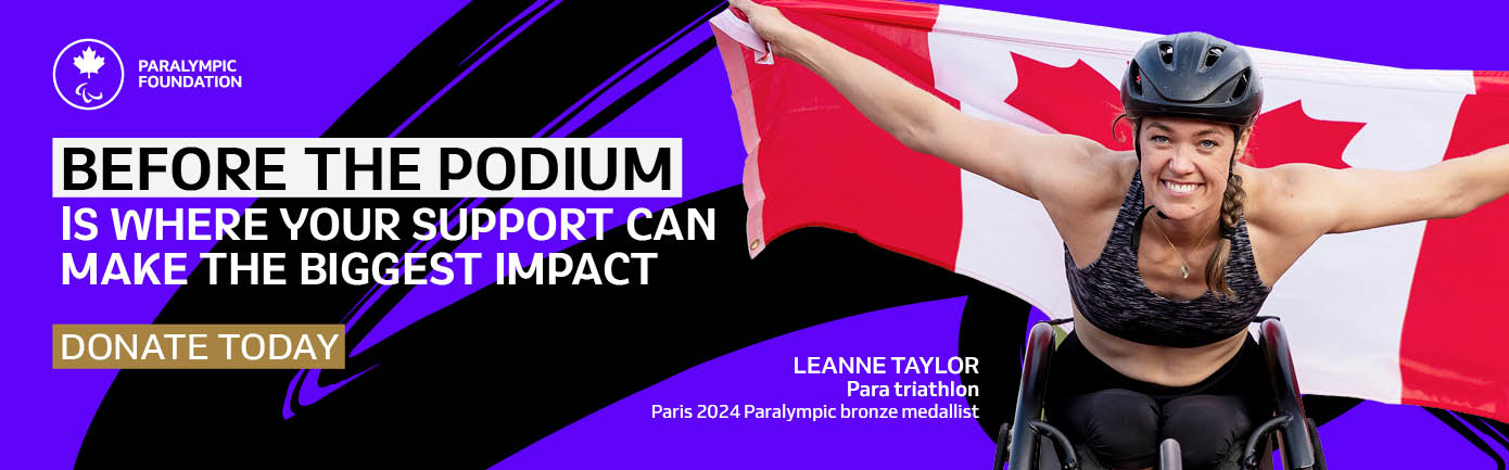 Purple background with Leanne Taylor and text that reads 'before the podium is where your support can make the biggest impact'
